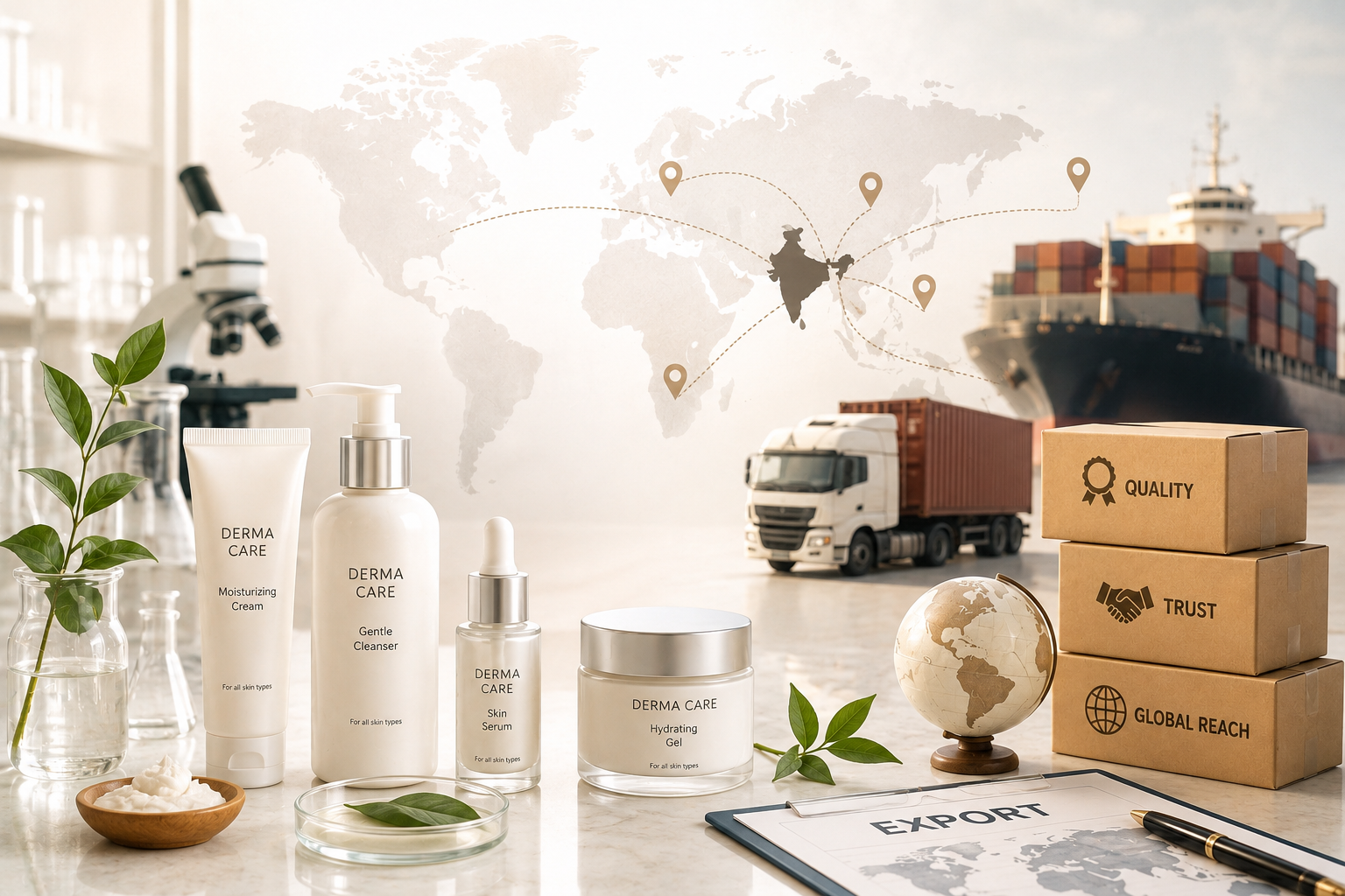 Indian skincare products export from India with Truviska manufacturing and global supply chain